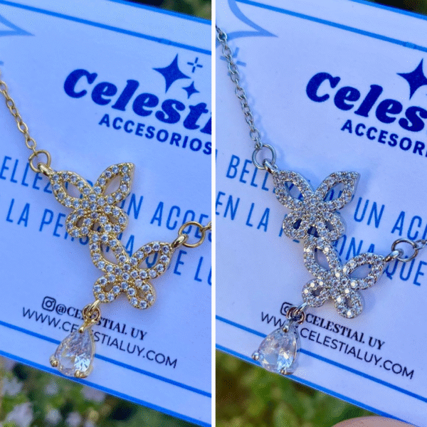 Collar de Acero con dije de Mariposas con Cristales (2 modelos)