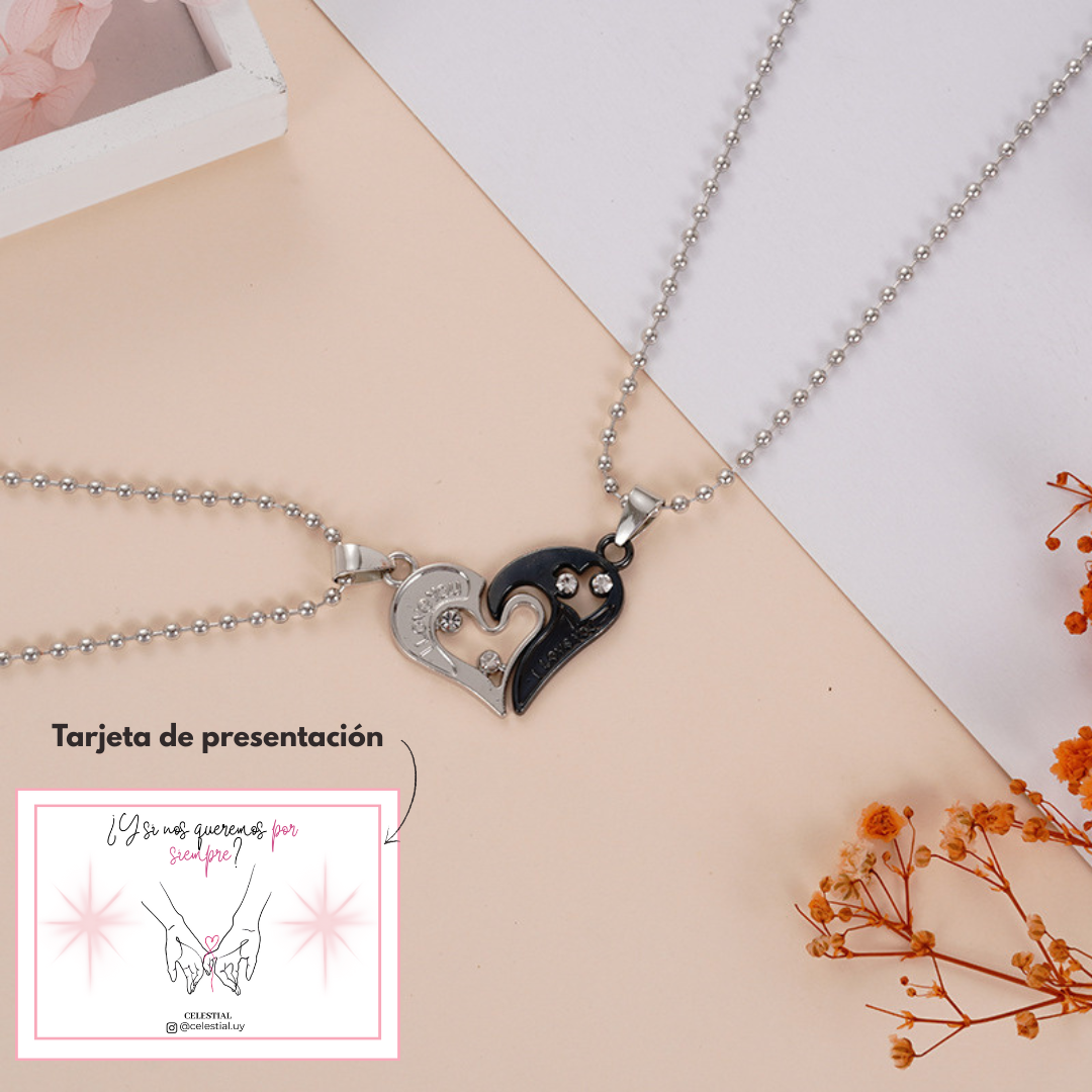 Par de Collares de acero para compartir Corazón Love You Negro y plateado