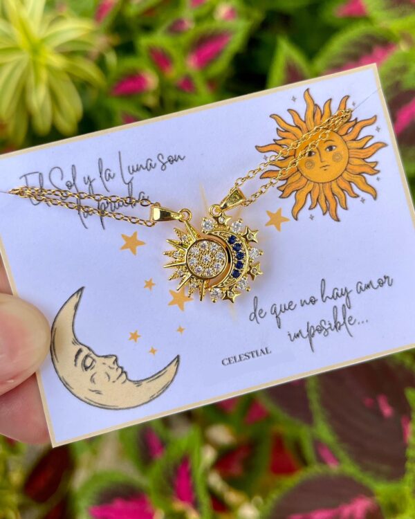 Par de collares de acero con dijes de imán Sol y Luna enchapado en oro real 18k (4 modelos) - Imagen 2
