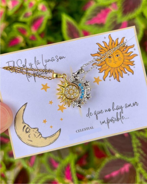 Par de collares de acero con dijes de imán Sol y Luna enchapado en oro real 18k (4 modelos) - Imagen 4