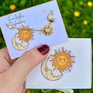 Collar de Acero con dije de Sol, Luna y estrella con cristal Chapado en Oro Real 18K