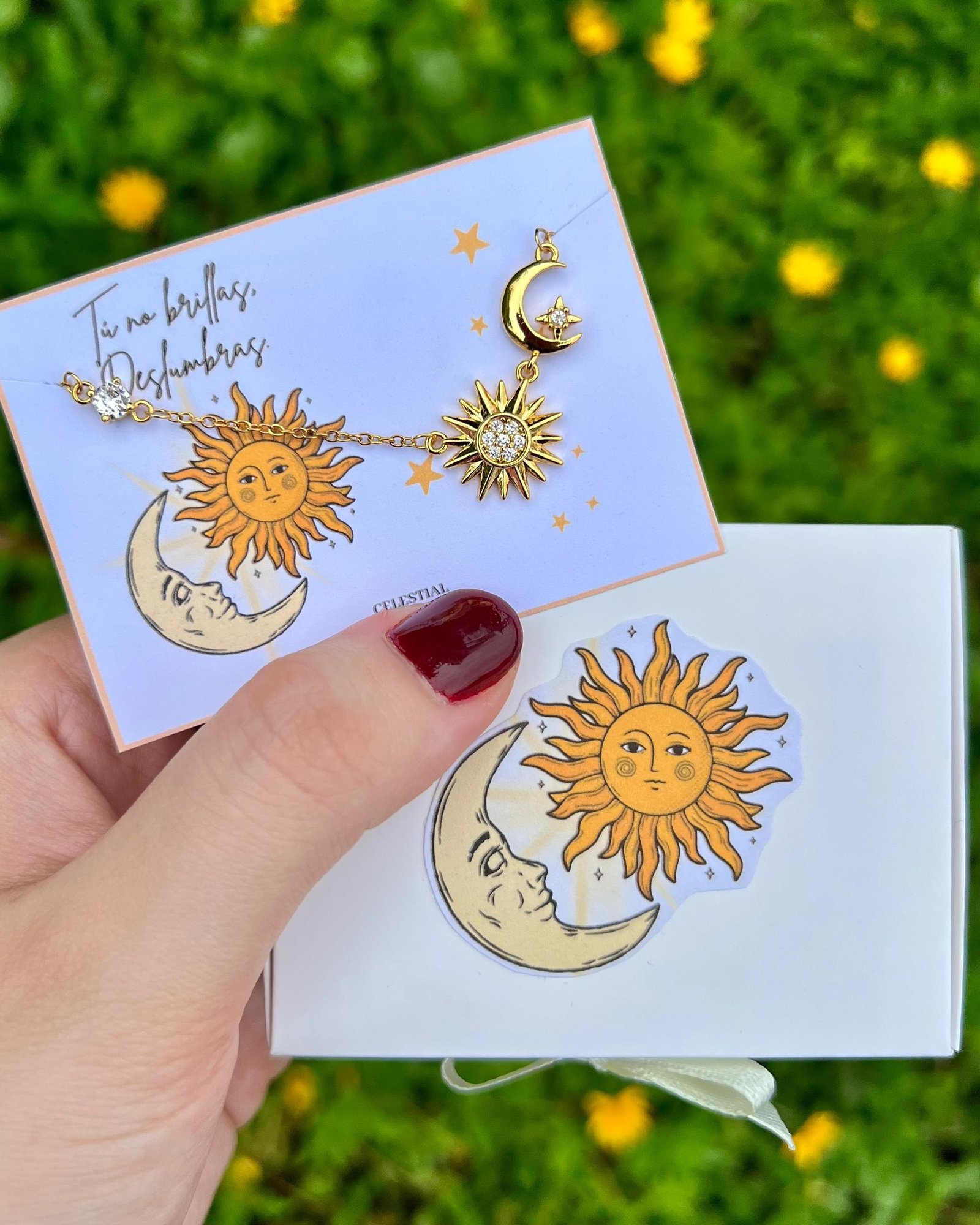 Collar de Acero con dije de Sol, Luna y estrella con cristal Chapado en Oro Real 18K