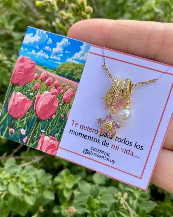 Collar de Acero Chapado en oro real 18k Flor con cristal y perla (2 Modelos) - Imagen 4